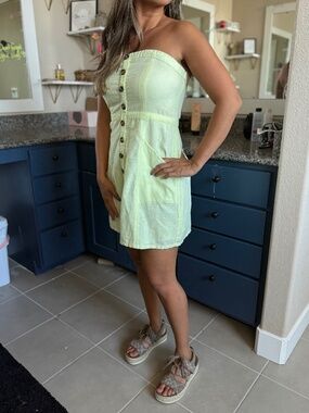 AMERICAN EAGLE Yellow Linen Blend Strapless Button Front Mini Dress